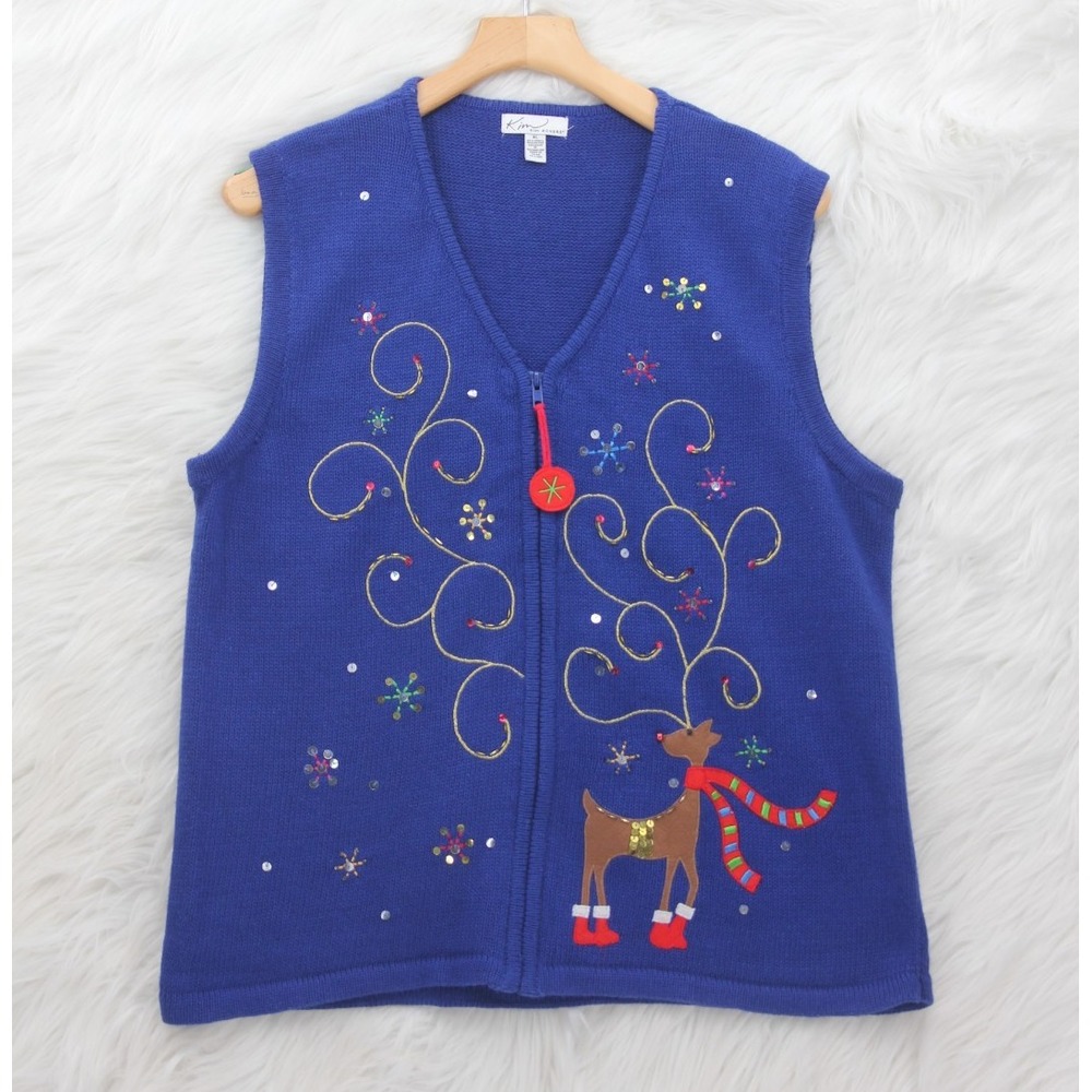 Vintage Kim Rogers Blue Reindeer Christmas Knit Sweater Vest Sequin Womens XL